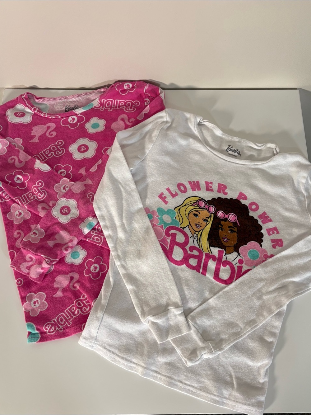 Mattel Barbie Girls White & Pink Long Sleeve Tops - Flower Power Graphic